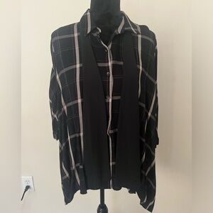 Zara women’s size S black plaid oversized button down‎ blouse with neck tie